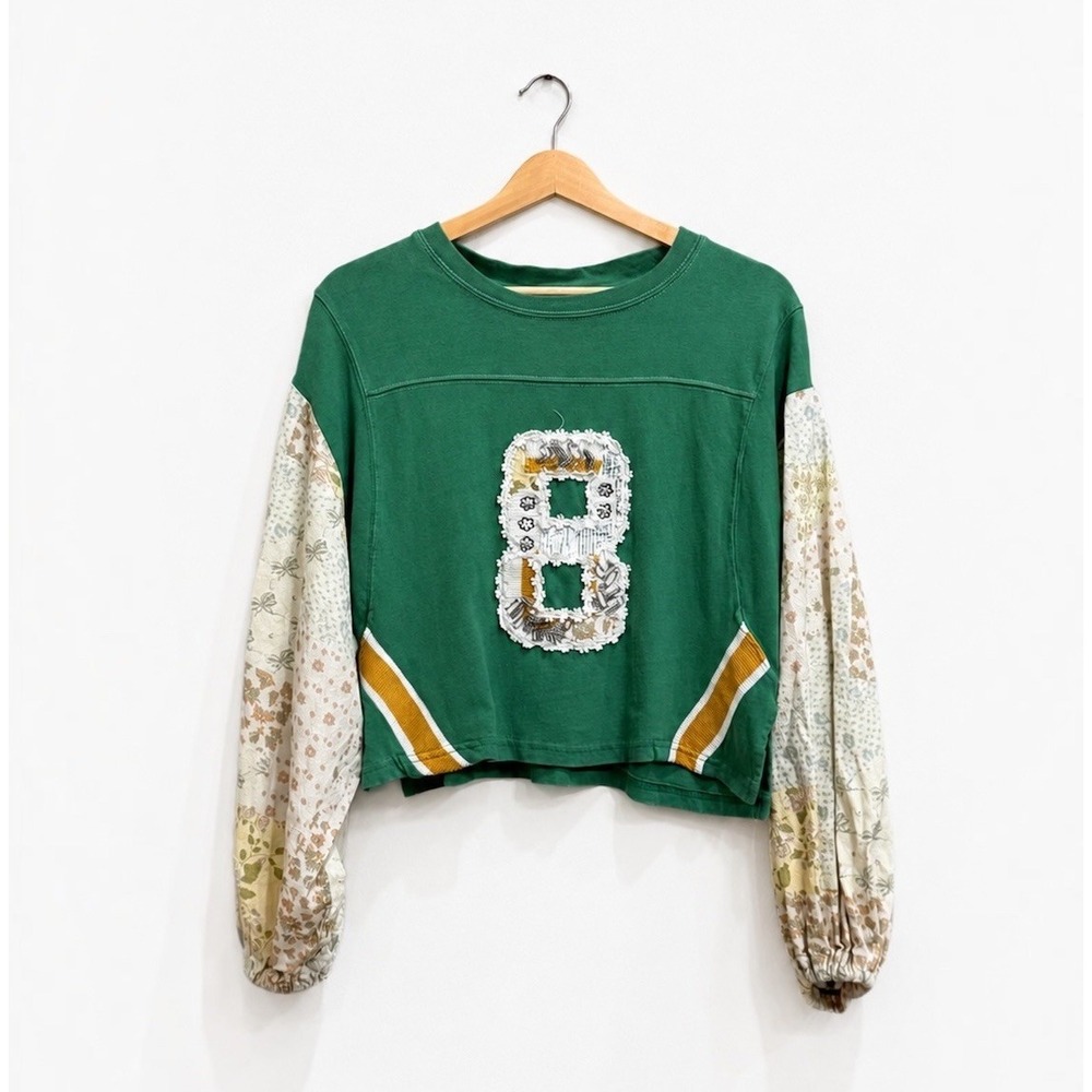 Free People Bali Daisy Nova Crafty Tee Green Patchwork Varsity 8 Top Small
